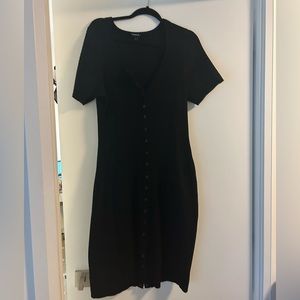 Black Snap Front Ribbed Midi Dress